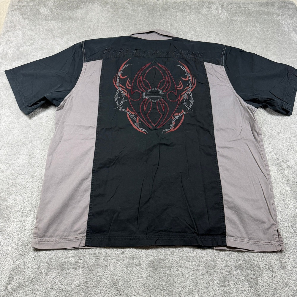 Harley-Davidson Button Up Shirt Mens XXL Gray Black Embroidered Barbed Wire Work